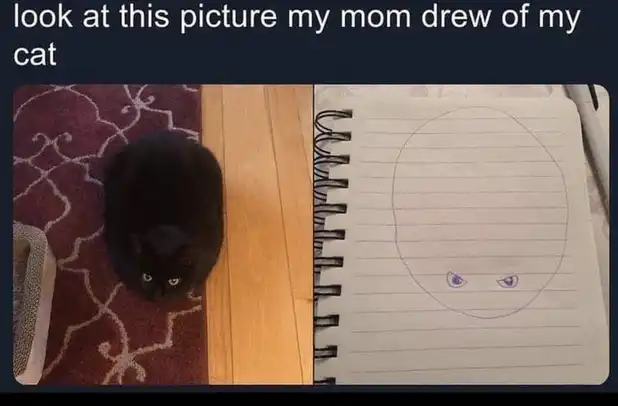chubby black cat meme compared to mom's crude sketch drawing in notebook