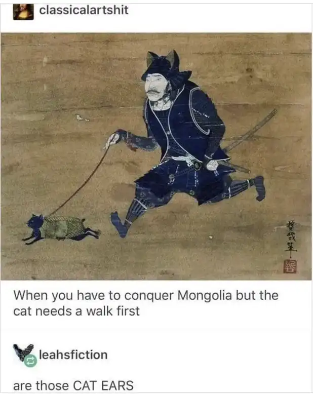 Ancient warrior cat meme juggling battle and pet walk