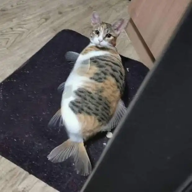 Fish-shaped chubby calico cat meme on floor