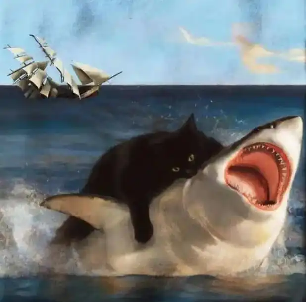 Black cat triumphantly mounted on shark in ocean scene, absurd aquatic adventure parody